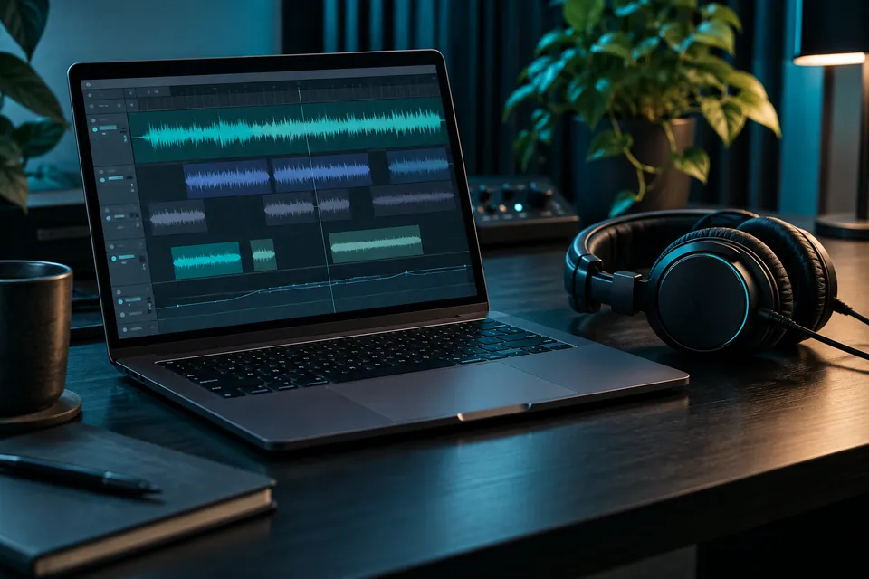 Notebook e fones de ouvido em uma estação de trabalho para produção de áudio online