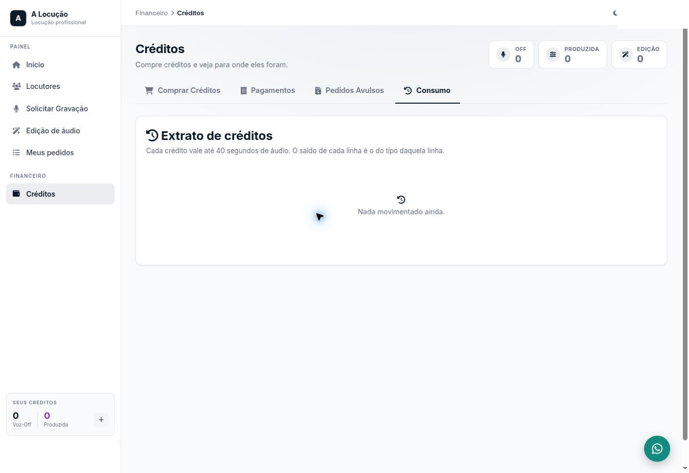 Extrato de créditos: o saldo de cada linha corresponde ao tipo de crédito movimentado.
