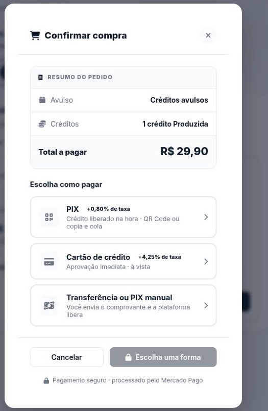 Janela de confirmação com as formas de pagamento e suas taxas. Nenhuma compra foi concluída neste exemplo.